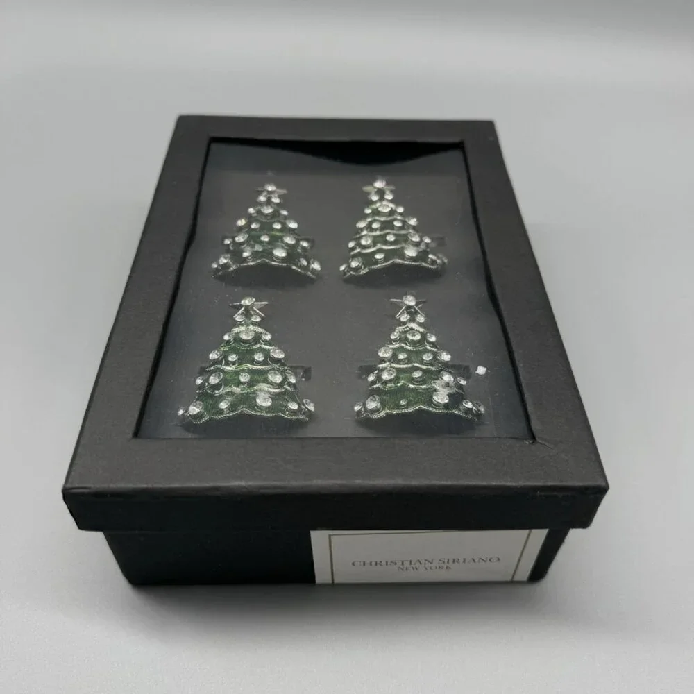 x4 Christian Siriano Christmas Tree Jeweled Napkin Ring Set Rhinestones Holiday